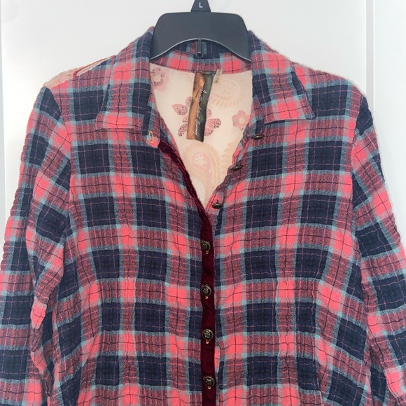 Aratta Silent Journey Womens Top Sz Medium Plaid Mixed Media Velvet Burnout - Picture 5 of 14